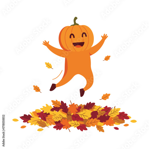 A cheerful cartoon pumpkin character joyfully jumping into a pile of colorful autumn leaves.