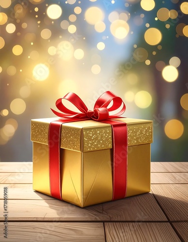 Wallpaper Mural Golden gift box on wooden surface, festive bokeh Torontodigital.ca