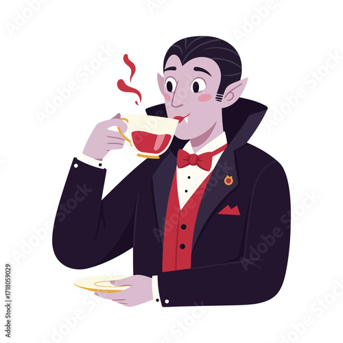 A dapper cartoon vampire in a tuxedo enjoying a steaming cup of red liquid.