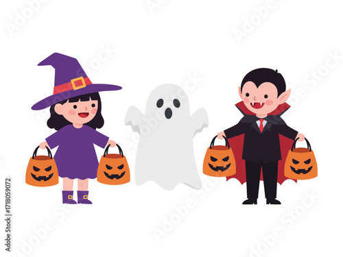 Children dressed as a witch and a vampire with a ghost, holding Halloween candy buckets.
