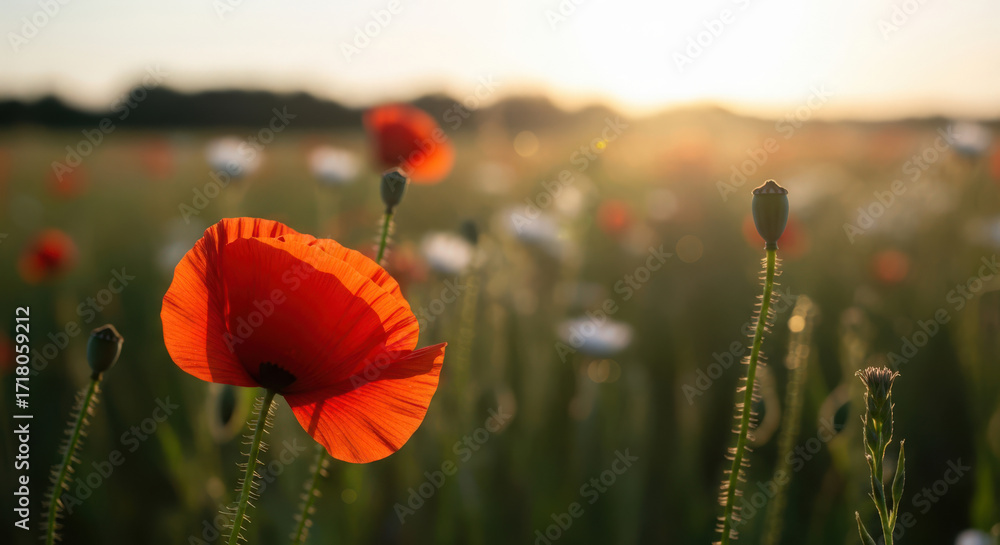 Obraz premium Vibrant Poppy Field at Sunset A Serene Landscape of Red Flowers and Green Grass Bathed in Warm Sunlight Evoking Tranquility and Natural Beauty