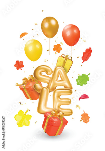 Autumn big sale poster with 3D gift boxes, autumnal floating leaves, orange and yellow balloons. Foliage and gold text sale. Vector illustration