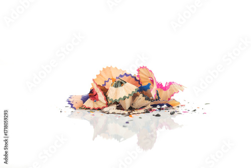 Colorful pencil shavings pile isolated on white background with clipping path.