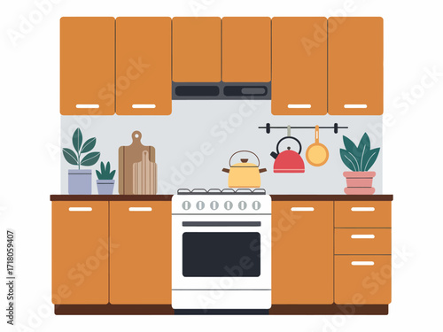 Cozy and Modern Kitchen Interior Design with Warm Toned Cabinets Plants and Cookware for Home Decor Inspiration