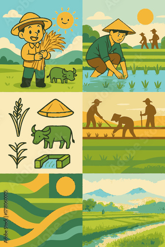 A vibrant collection illustrating traditional Asian rice farming, featuring diligent farmers, essential agricultural elements, and serene rural landscapes.