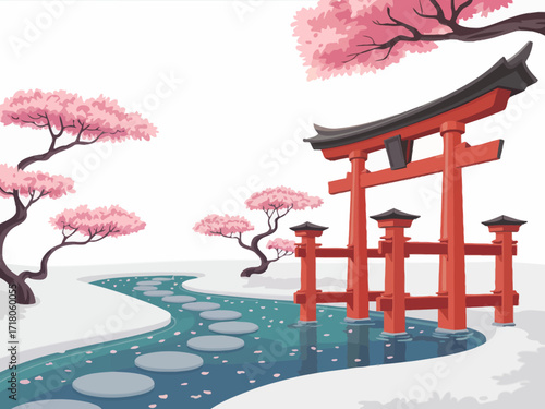 Japanese Garden with Torii Gate and Cherry Blossoms in Bloom creating a serene and peaceful Asian Landscape illustration