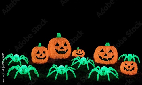 Illuminated Halloween Display of Jack-o'-Lanterns and Glowing Green Spiders Against Black Background