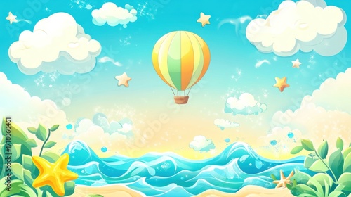 Cartoon hot air balloon beach scene