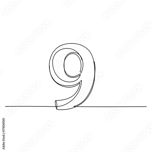Number nine in line art style on white background