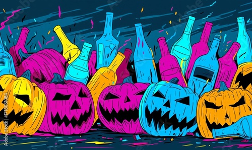 Vibrant Halloween Party Chaos: Colorful Pumpkins and Neon Bottles in Playful Disarray