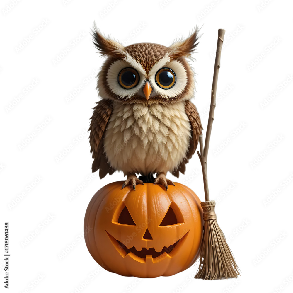 Obraz premium Whimsical Halloween Owl Perched on a Carved Pumpkin with a Broom, Perfect for Festive Designs and Celebrations