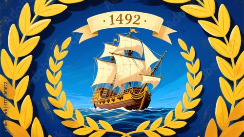 Columbus Day Majestic 1492 galleon sailing across vibrant blue ocean waves, framed by golden laurel leaves, evoking discovery and historical exploration