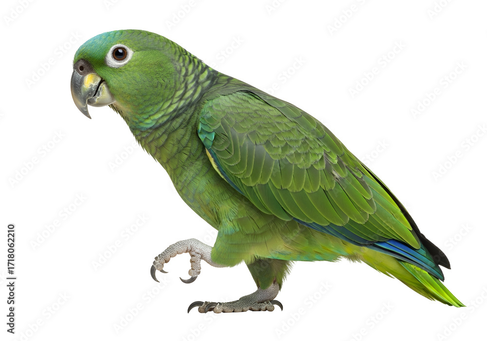 Obraz premium Vivid green parrot, presented in profile, showcasing detailed plumage against a plain black background.