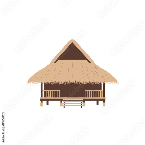Simple illustration of a traditional straw-roofed house, likely from Southeast Asia, with a veranda.
