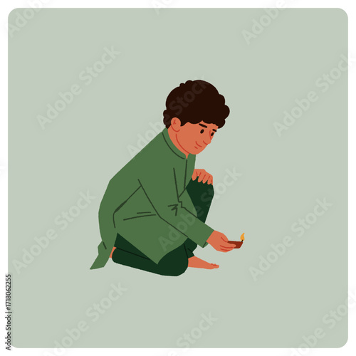 Kid Holding Diya Vector Illustration