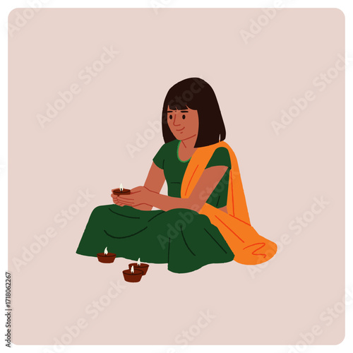 Indian Girl holding Diya vector illustration