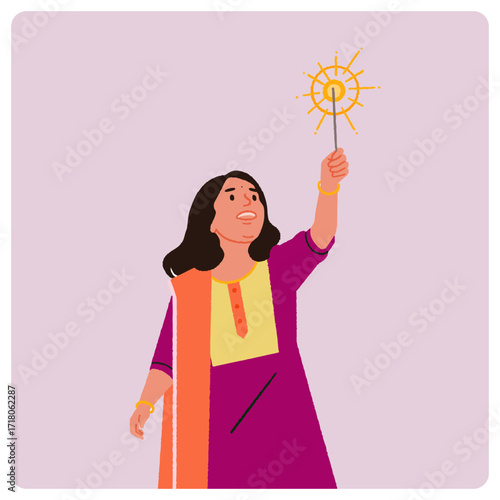 Indian Girl holding a sparkler illustration