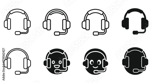 Vector art of set of headset icons, representing communication and support for customer service and online interaction