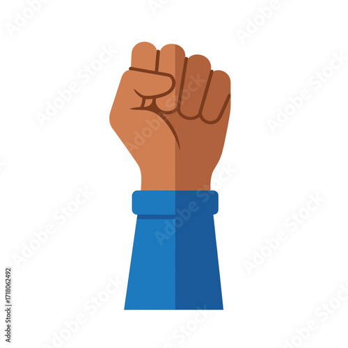 Raised fist in protest, symbol of resistance and solidarity, brown skin, blue sleeve.