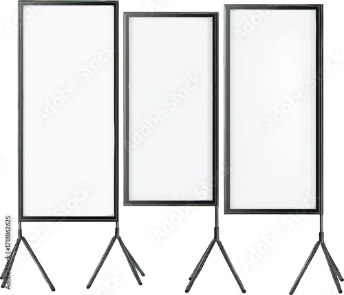 Three Rectangular Digital Display Stands with Black Frames on White Background digital screens