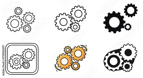 Vector art of collection of gear icons in various styles, representing mechanics, engineering, and technological processes