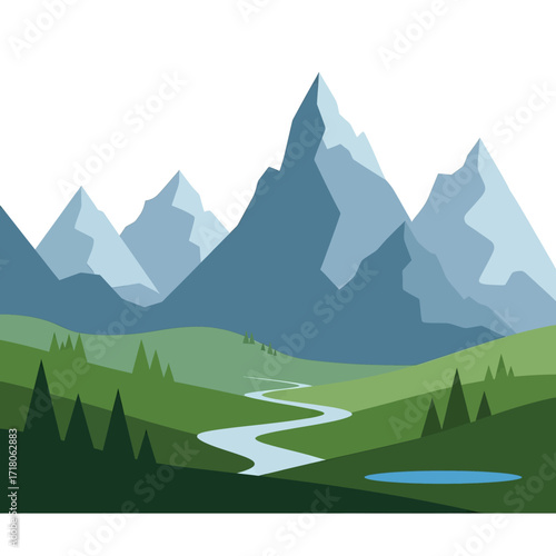 A serene mountain landscape illustration with a winding river flowing through green hills and a valley.