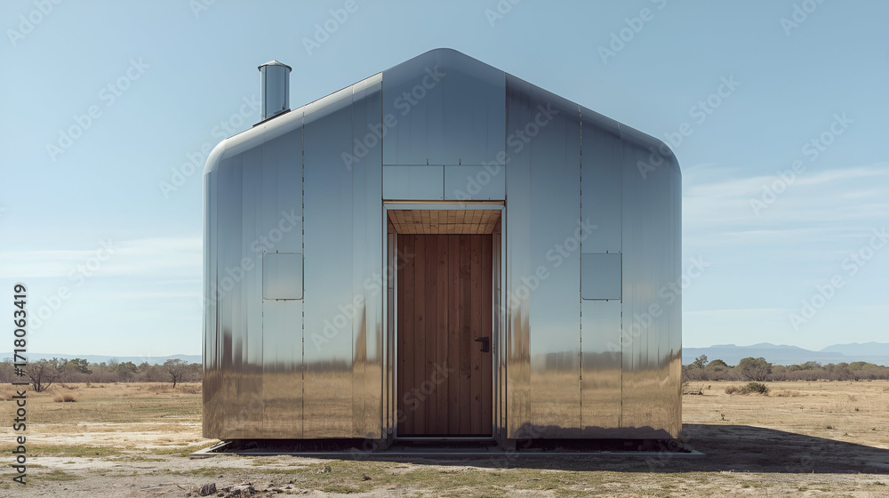 Fototapeta premium Chrome rural house with wooden door isolated on white background for traditional architecture design concept