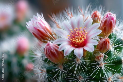 Close up of a blooming pink cactus flower