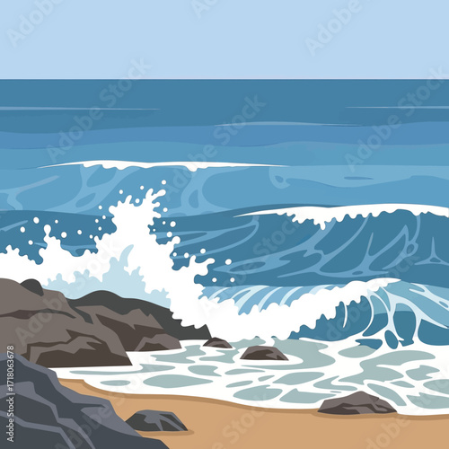 A stylized illustration of powerful ocean waves with white foam crashing onto a rocky and sandy beach under a clear blue sky.