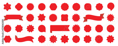 Big collection of starburst red stickers, price, star labels, collection. design for sales promo, poster, social media, web.