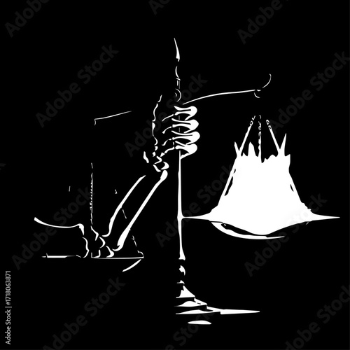 Symbolic White Skeleton Hand Holding Scales of Justice on Black Background