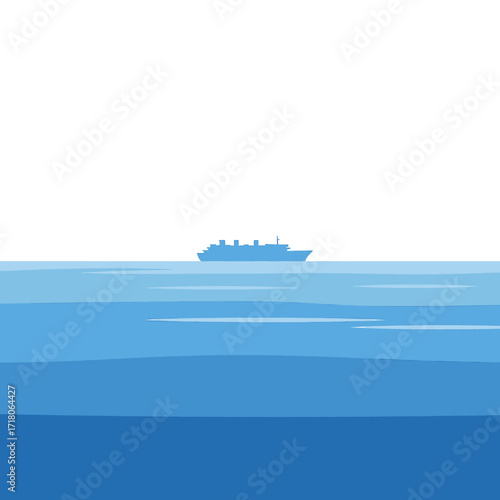 Minimalist blue silhouette of a cruise ship sailing on a calm, layered blue ocean under a clear white sky, depicting a serene sea journey.
