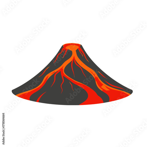 A flat vector illustration of an erupting volcano with flowing orange lava streams on a white background.