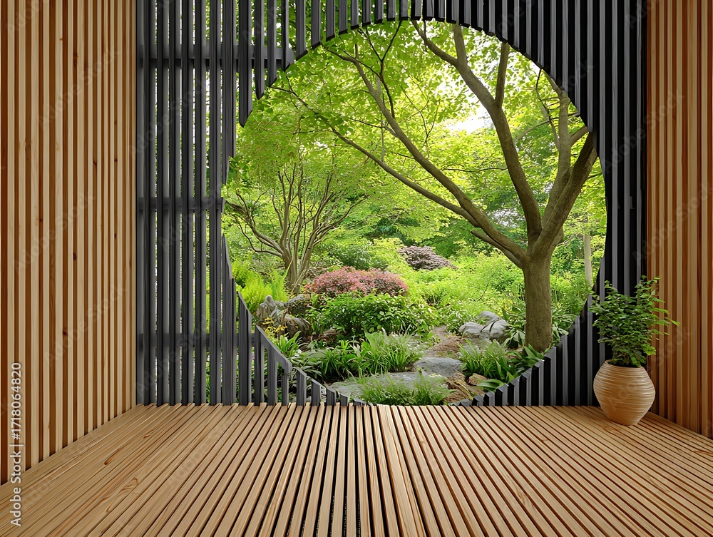 Obraz premium Wooden Circle Frame Enclosing Lush Greenery and Dark Wooden Floor