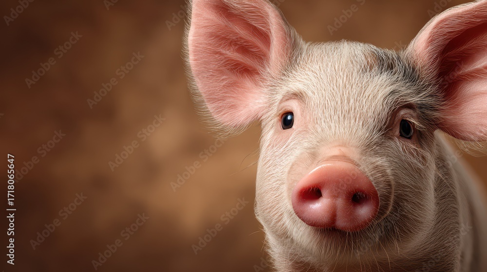 Fototapeta premium Cute piglet in a farm setting with soft background highlighting its features and expressions during daylight