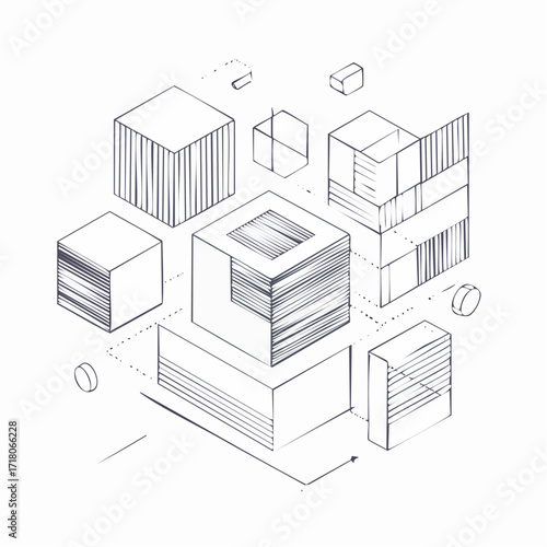 Hand-Drawn Sketch of Deconstructed Cubes