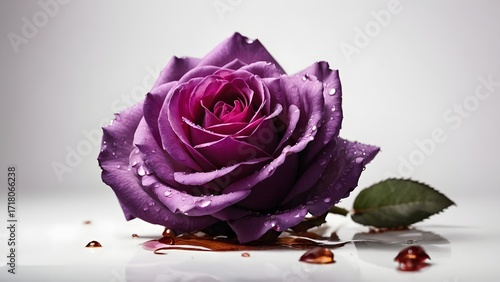 Close-up of a Purple Rose With Water Droplets and Droplets on a White Surface