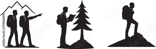 Collection of three black and white silhouette icons depicting hikers in various outdoor scenarios, isolated on a transparent background