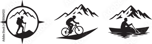 Set of three black silhouette icons representing outdoor adventure activities hiking with a compass and mountains, mountain biking on a slope, and rowing a boat on water with mountains in transparent