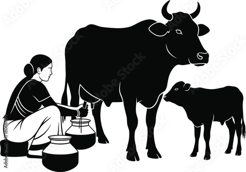 Minimalist vector illustration of a traditional rural village scene featuring a woman milking cow with calf nearby, countryside life