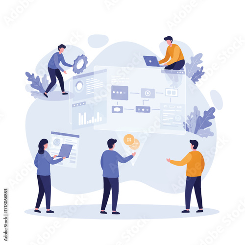 A dedicated team collaborates on a business project, analyzing data on interactive screens and optimizing a workflow diagram