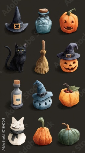 Decorative Halloween items including black cat, pumpkins, and witch hats on a dark background showcasing festive spirit