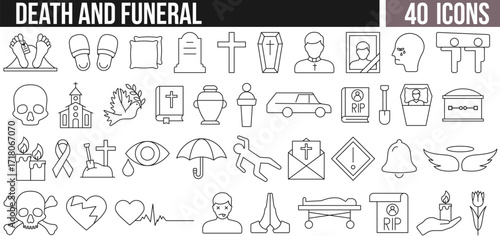 Minimalist line icon collection related to death, funeral, mourning, and memorial themes. Perfect for web, apps, print, and graphic design projects.