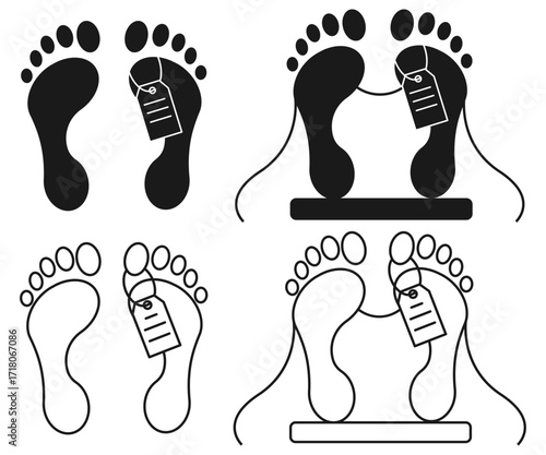 Vector illustration of human feet with toe tag, representing morgue, death, or forensic concept. Morgue feet with tag. Dead body feet icon. Forensic death illustration. Crime scene morgue symbol.