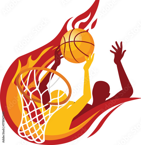 Basketball Player Dunking Ball into Net with Fiery Flames and Yellow/ Red Accents vector illustration
