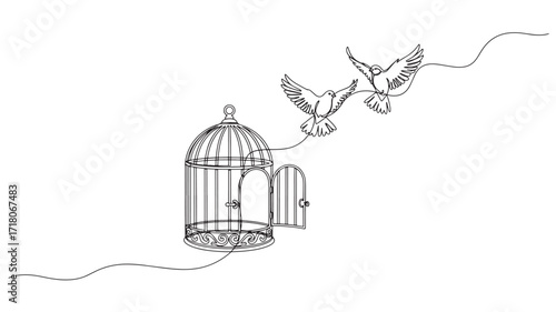 Two birds flying from cage open door freedom concept One line art drawing Isolated on white background
