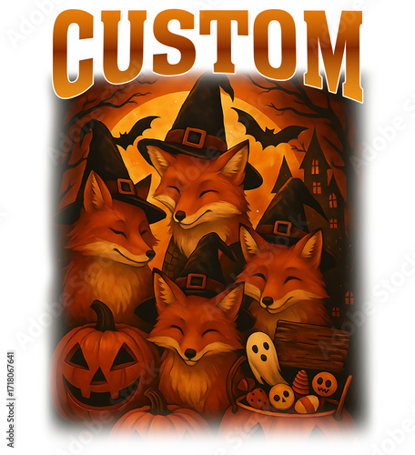 Bootleg style Cute halloween foxes with pumpkins and bats t-shirt design transparent background