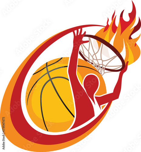 Basketball Player Dunking with Flaming Hoop and Basketball Graphic on White Background Keywords: basketball, player, dunking, slam dunk, sport, game, action, motion, speed, power, energy, flames