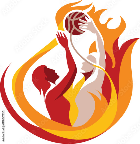 Basketball Player Shooting Ball with Opponent Defending Amidst Fiery Flames on White Background vector