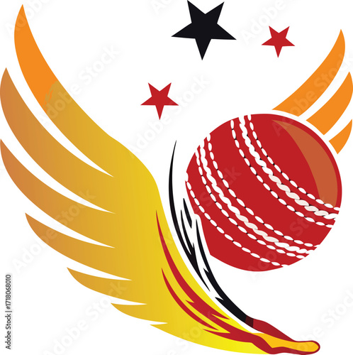 Cricket ball with wings and stars logo design on white background Keywords: cricket, ball, sport, game, wings, flying, stars, red, orange, yellow, graphic, design, logo, symbol, icon, abstract